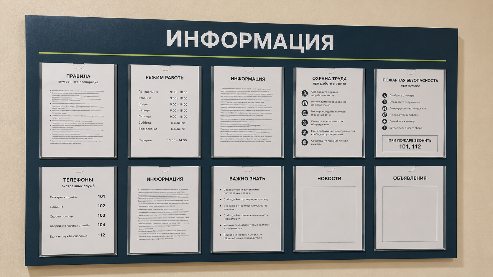 Информационный стенд с 10 карманами А4.